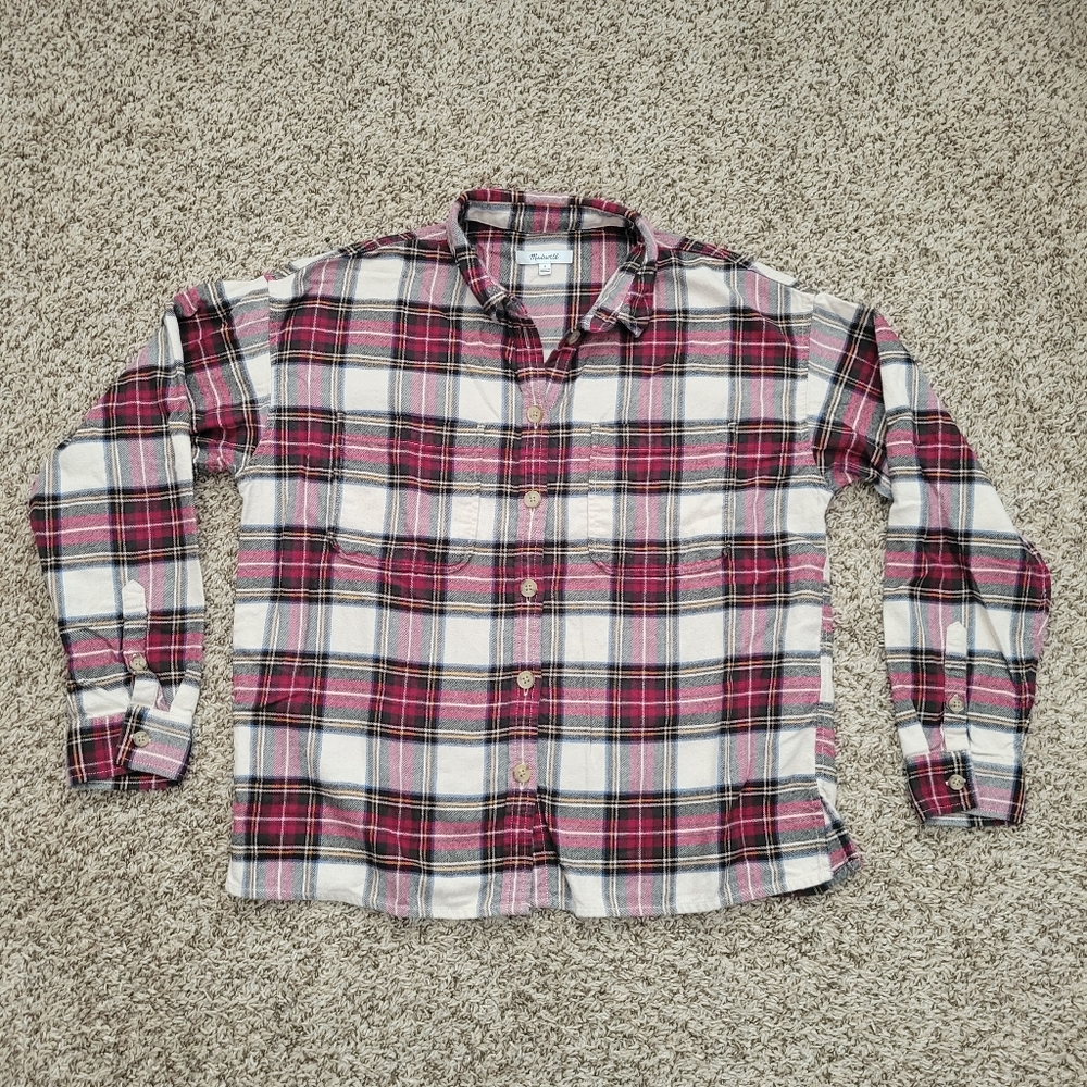 Madewell Flannel Shirt Jacket Tartan Plaid Button Up Down Red Cream Size Small